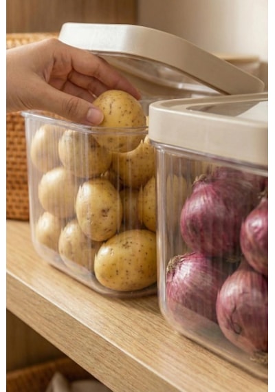 2'li 12 Lt Multibox Vizon Kayar Kapaklı Saklama Kabı & Erzak Kabı & Patates Soğan Kovası Beyaz