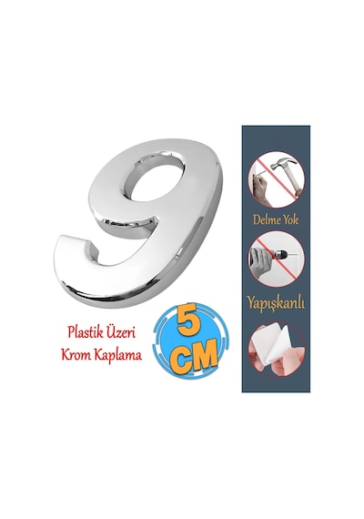 Yapışkanlı Kapı Numarası Küçük Boy 50 Mm 5 Cm Numara 9 Rakam Dokuz Sayı Krom Renk Numaralar 1 Adet Diğer