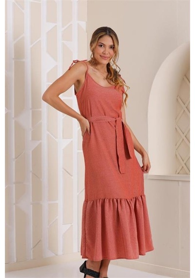 Neşeli Butik Kadın Kirinkil Askılı Eteği Fırfırlı Uzun Elbise Kklf32 Somon
