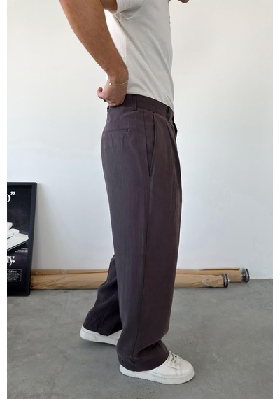 Kahverengi Pileli Modal Kumaş Baggy Pantolon Kahverengi