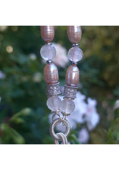 2788 Pembe Kuvars Ve Doğal İnci Zirkon Hematit El Yapımı Kolye 046 - Pembe