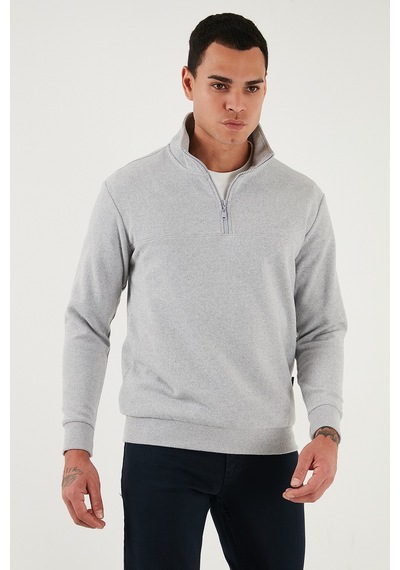 Buratti Pamuklu Regular Fit Yarım Fermuarlı Dik Yaka Erkek Kazak 456112 Açık Gri
