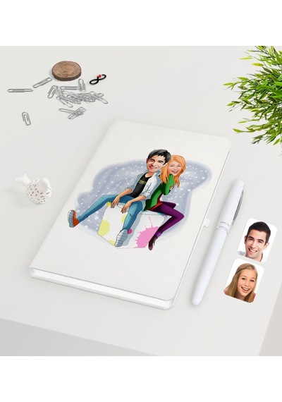 Kişiye Özel Sevgililer Karikatürlü Beyaz Defter Kalem Seti-35