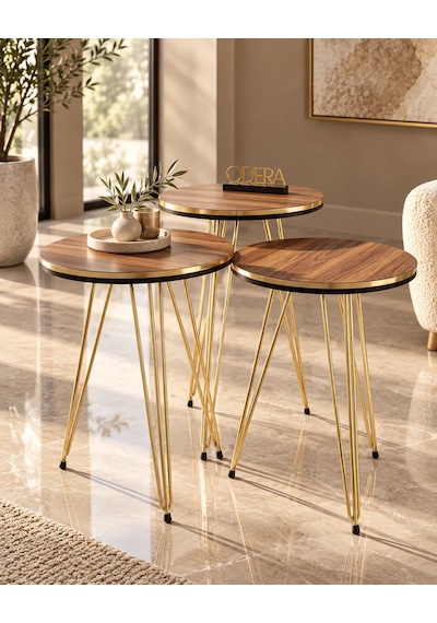 Odera Çift Ceviz Yuvarlak Zigon Sehpa 3'lü Set Metal Tel Ayaklı Modern Retro Salon Sehpası Diğer
