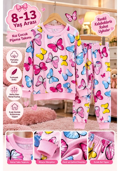 Üç Gül Ticaret Kız Çocuk 8-13 Yaş Kelebek Desenli Pijama Takımı Pamuklu Kumaş Pembe
