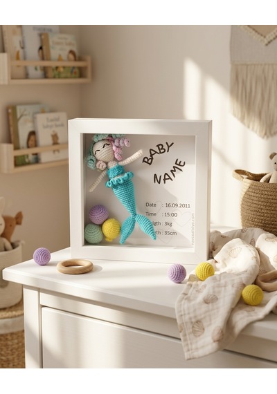 Kişiye Özel 3d Amigurumi Bebek Hatıra Çerçevesi : Deniz Kızı Beyaz Ahşap