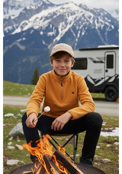 Lela Yumuşak Dokulu Fermuarlı Dik Yaka Şardonlu Kışlık Unisex Çocuk Polar 5905002 Hardal