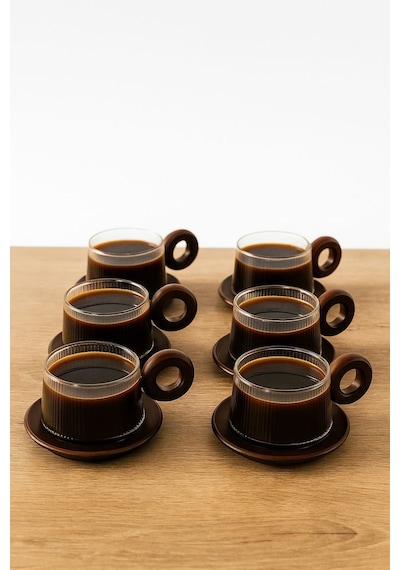 Qerhome Borosilikat Cam Akasya Saplı Çizgili Tasarmlı Ve Akasya Tabaklı Çay Kahve Fincanı 6'lı 250 Ml Şeffaf