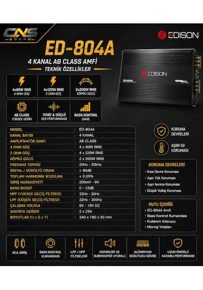 Edison Ed-804a 4 Kanal Ab Class Oto Amfi 4x80w Rms / 4x120w Rms / 2x200w Köprü Bass Kontrol Dahil