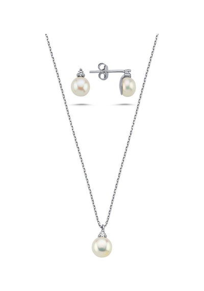8,5 Mm Doğal İnci 2,28 Karat Pırlantalı Küpe Kolye İkili Set 45 Cm / Beyaz Gümüş