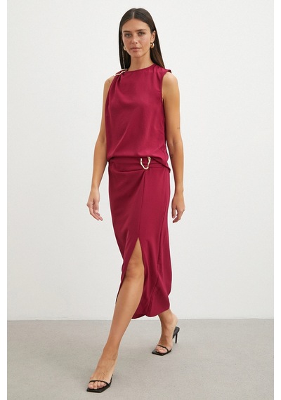 Uterpe Omuz Tokalı Saten Bluz Bordo