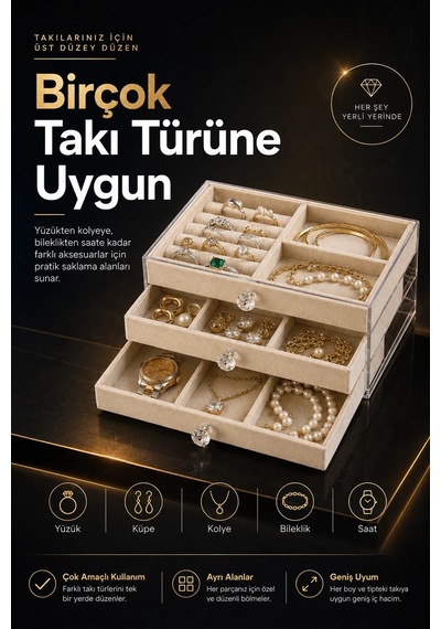 Orehome 3 Çekmeceli Kadife Takı Düzenleyici - Şeffaf Akrilik Kristal Kulplu Mücevher Ve Saat Kutusu