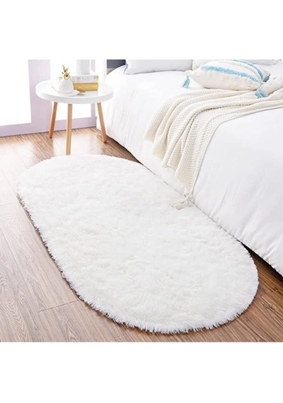 Raschel Carpet Oval Kesme Yolluk Kaymaz Taban Kalın Yumuşak Peluş Halı Özel Taban Beyaz