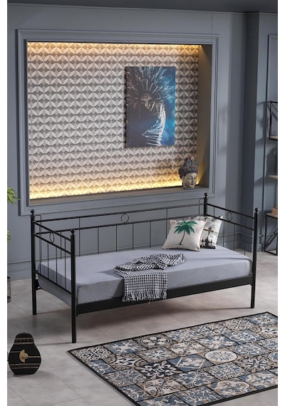 Alpas Metal Sofa Sedir 90x200 Siyah Ahşap Latalı