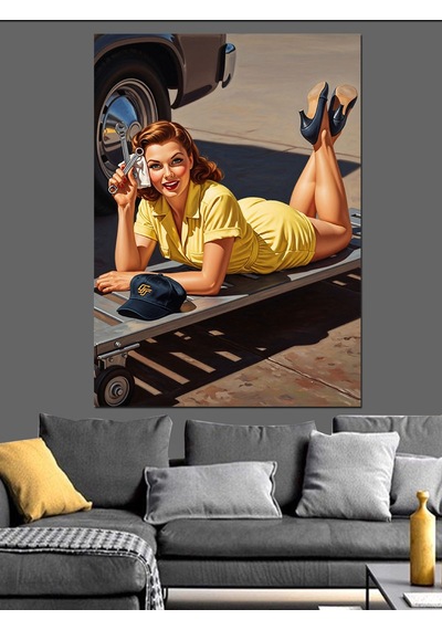 Oto Tamirci Pin Up Kadın Vintage Araba Dekoratif Kanvas - Mdf Ahşap Tablo