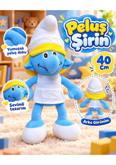 Oyuncak Peluş Şirinler Şirin Baba-şirine-gözlüklü Şirin-gülen Şirin Sevimli Oyun Arkadaşı Hediyelik 40 Cm Mavi - Sarı