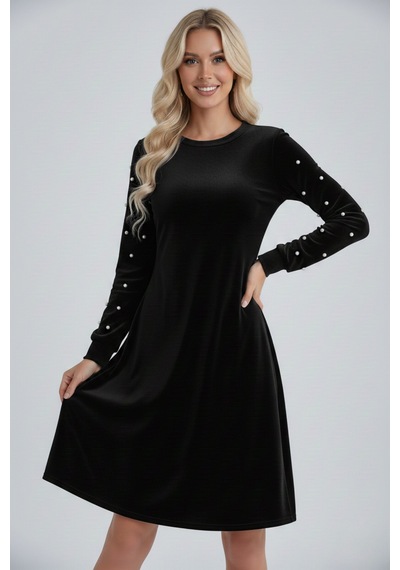 Defymoda Kadın A Form Uzun Kollu İnci Detaylı Kadife Elbise Siyah