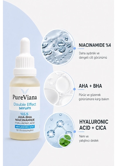 Pureviana Double Effect Serum 30 ML Aha-bha + Niacinamide + Hyaluronik Asit Aydınlatıcı, Gözenek Sıkılaştırıcı, Ton Eşitleyici