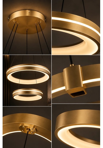 2'li Modern Premium Halka 3 Renkli Ledli Sarkıt Avizesi Salon Mutfak Oturma Odası Şık Modelleri 60w Gold