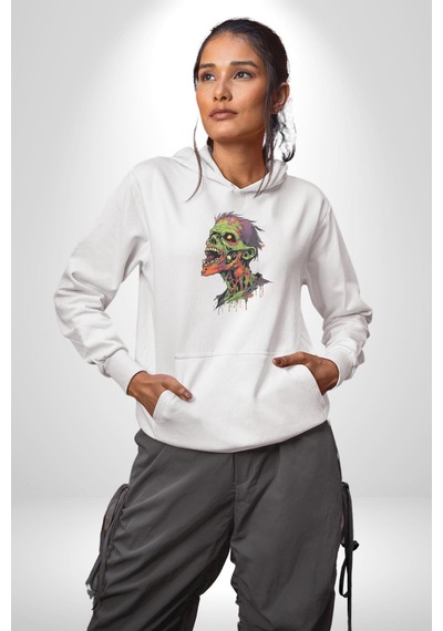 Zombi Kafası Kadın Erkek Beyaz Kapüşonlu Sweatshirt Hoodie Beyaz