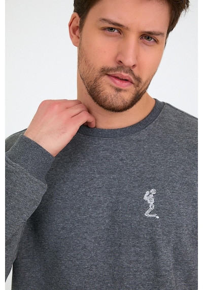 Polostate Erkek İskelet Nakışlı 3 İplik Bisiklet Yaka Sweatshirt Antrasit