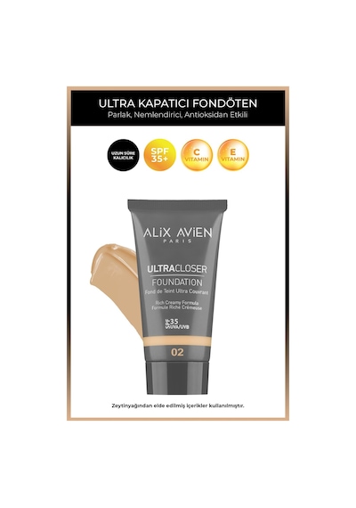 Alix Avien Ultra Kapatıcı Nemlendirici SPF35+ Faktör Ve E & C Vitaminli Fondöten Ultracloser Foundation 02