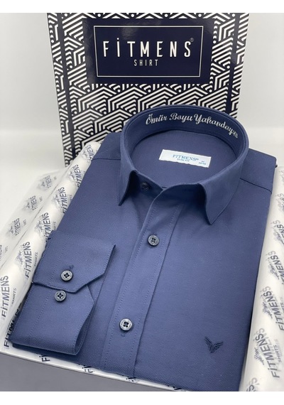 Slim Fit Uzun Kol Ömür Boyu Yakandayım Nakışlı Hediye Kutulu Erkek Gömlek Fs-001376 - Lacivert-1787