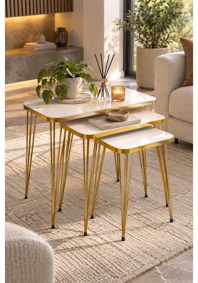 Sulorahome Gold Tel Zigon Sehpa Takımı Beyaz 3'lü Beyaz - Altın