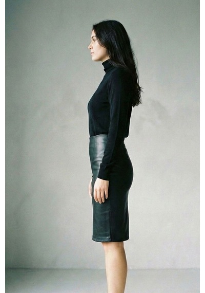 Sermoda Kalem Deri Etek - Bel Lastikli Slim Fit Midi Kalem Etek Ud Siyah