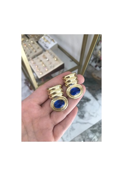Özel Seri Gold Detaylı Lacivert Küpe Altın