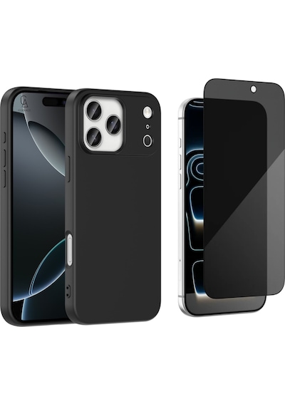 Apple Uyumlu iPhone 17 Pro Max Içi Kadife Lansman Kılıf Ve Hayalet Tam Kaplayan Cam Ekran Koruyucu Siyah