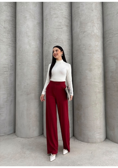 Thiff Gymwear Kadın Likralı Cırt Kapama Lacivert Geniş Paçalı Rahat Palazzo Pantolon Bordo