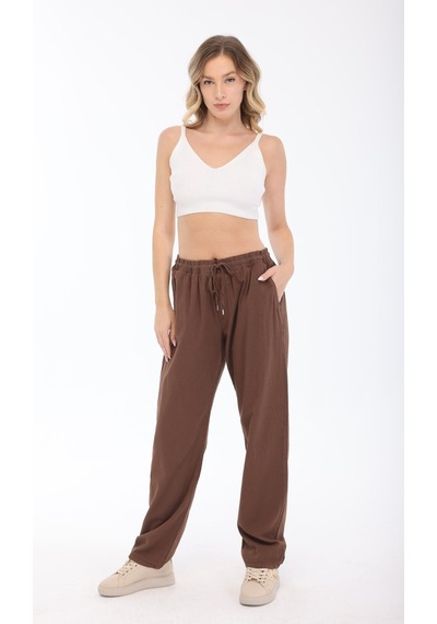 Blayn Jeans Blayn Kadın Taba Keten Dokulu Yüksek Bel Bol Paça Beli Bağcıklı Pantolon Kahverengi
