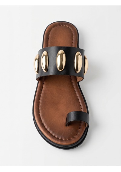 Giamgia Store Giamgia Kadın Siyah Altın Zımbalı Düz Parmak Arası Terlik-2403