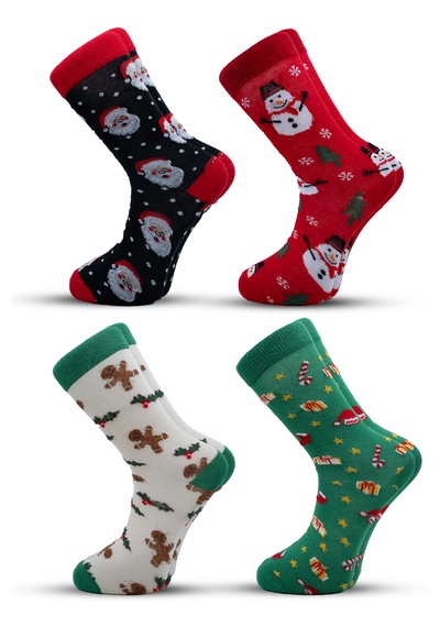 Stocalze Unisex Soket Çorap. Noel Ve Yılbaşı Temalı 4 Farklı Desenli Ve Renkli Kutulu Pamuklu Çorap Seti. Kırmızı - Yeşil - Ekru - Siyah
