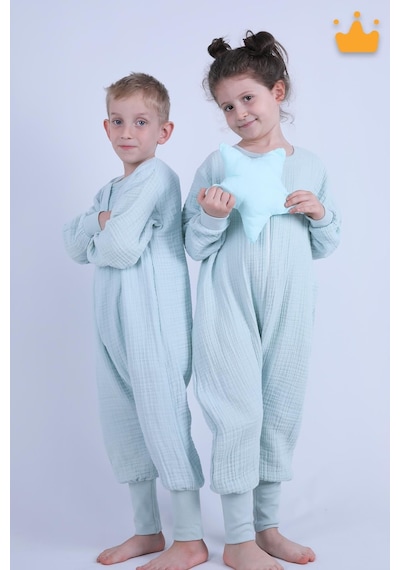 Babyhola Çocuk Mevsimlik Uyku Tulumu 2-8 Yaş 1 Tog 4 Kat Müslin Uzun Kollu Uyku Tulumu Mint Yeşil