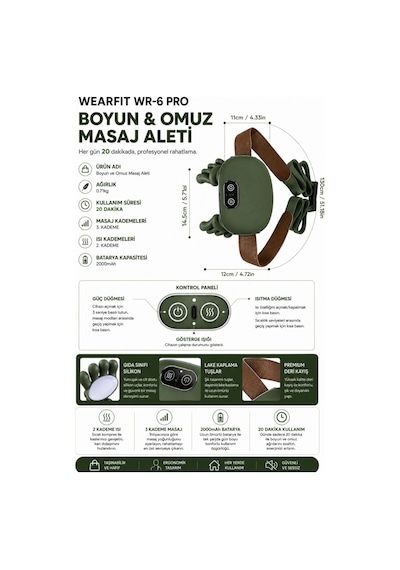 Wr-6 Pro Isıtmalı Şarjlı Masaj Aleti Kablosuz Boyun Omuz Sırt Bacak Derin Doku Masaj Cihazı Haki