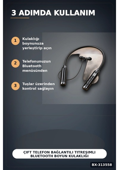 Çift Telefon Bağlantılı Titreşimli Bluetooth Boyun Kulaklığı 10m Menzil Mikrofonlu Bx-313558