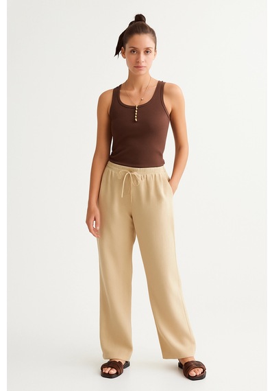 Trendy Mall Sofya Keten Bol Kesim Pantolon Bej Bej