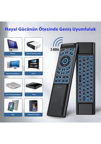 İdragon M3 Akıllı Kumanda Air Mouse & Kablosuz Klavye, 6 Eksenli Jiroskop, Ir Öğrenme, Bluetooth & 2.4 Ghz, 7 Renk Arka Aydınlatma