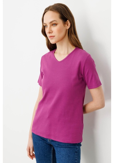 Kadın V Yaka Kaşkorse Pamuk T-shirt Sıklamen pembe