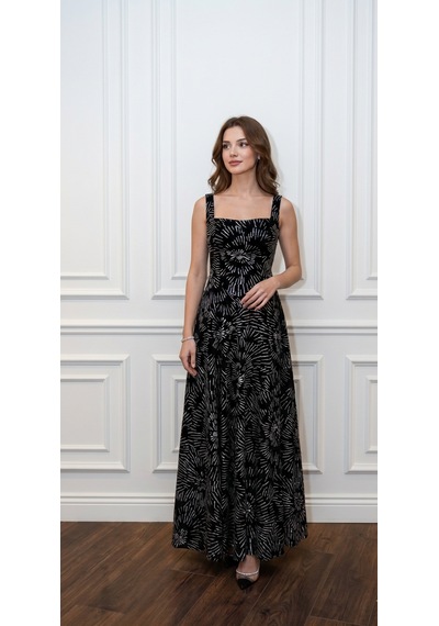 Uzer Abiye Işıltılı Sim Baskılı Jacquard Dokulu Kare Yaka Couture Premium Abiye Elbise,düğün Albisesi Siyah Gümüş