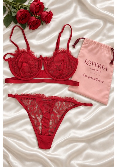 Loveria Kırmızı Balenli Dantel Sütyen Takımı Kırmızı Kırmızı