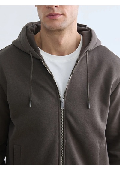 Lc Waikiki Kahverengi Kapüşonlu Standard Fit Erkek Fermuarlı Sweatshirt