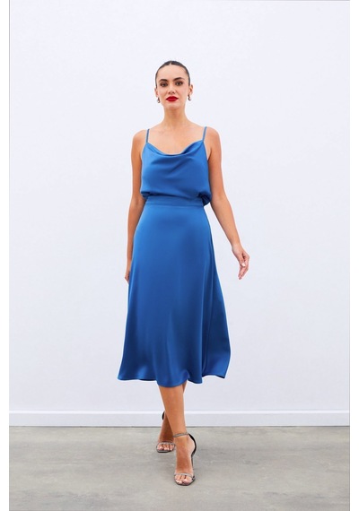 Sateen Midi Boy Saten Etek - İndigo Lacivert