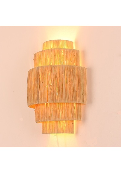 Bambu&rattan Salon Yatak Odası Antre Ahşap Doğal Aplik Avize Tasarım Rafya Aplik Aydınlatma 42x28cm-9036845663620 Ahşap