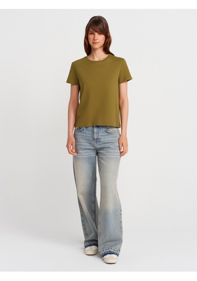 Dilvin 31757 Bisiklet Yaka Dikiş Detaylı T-shirt-yağ Yeşil Yağ Yeşil