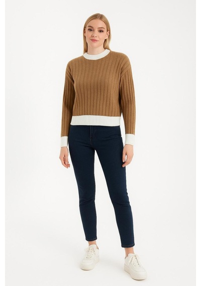 Hira Life Fashion Kadın Bisiklet Yaka Fitili Ve Şerit Detaylı Crop Triko Kısa Kazak Vizon Vizon Hira Life Fashion Kadın Bisiklet Yaka Fitili Ve Şerit Detaylı Crop Triko Kısa Kazak Vizon Vizon