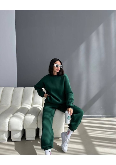 Baskısız Eşofman Takımı Sweatshirt Jogger - Yeşil Oversize Şardonlu Bisiklet Yaka Yeşil