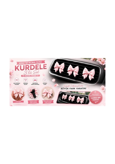 Kurdele Araç İçi Klima Süsü Pastel Pembe 3'lü Set Klipsli Araba Klima Süsü Oto Aksesuar
